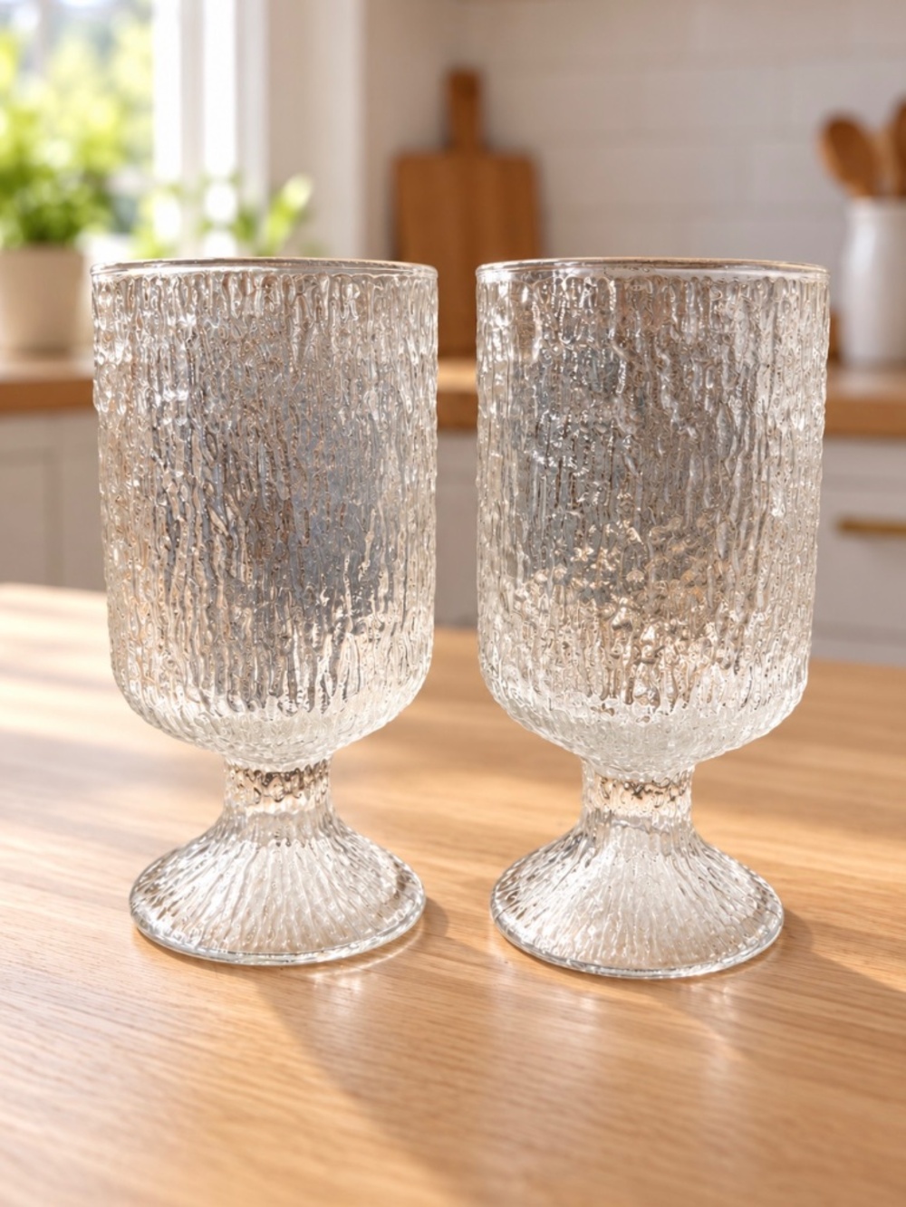 Set of 2 Vintage Indiana Glass Crystal Ice Bark Water Goblets with Window